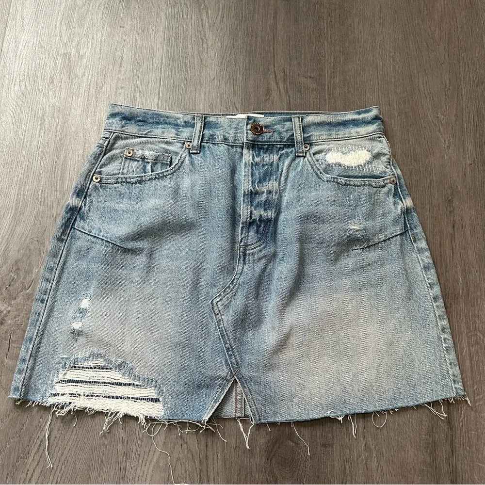 NWOT pistola denim mini skirt distressed patchwork jean size 27 womens - Picture 1 of 12